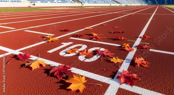 Fototapeta A vibrant red running track, marked with crisp white lane lines and the prominent number "100", is beautifully adorned with a scattering of colorful autumn leaves in rich shades of red, orange, and ye