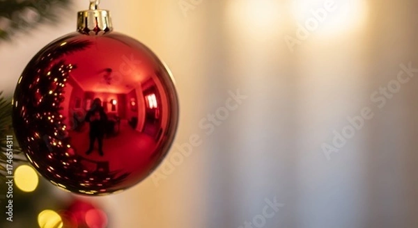 Fototapeta A vibrant red, spherical decorative ornament hangs prominently on the rich green needles of a festive tree branch. Its glossy surface beautifully reflects warm, glowing bokeh lights and a cozy, softly