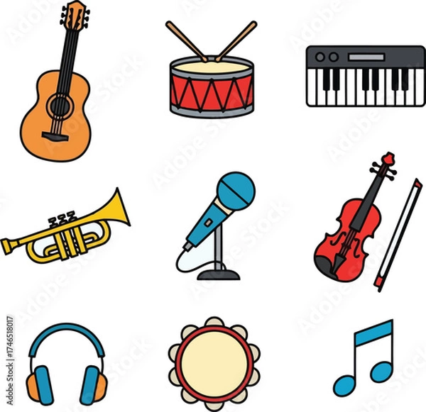 Fototapeta Musical instruments and audio equipment icons including guitar drum keyboard trumpet microphone Keywords: guitar drum keyboard trumpet microphone violin bow headphones tambourine musical note