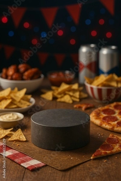 Fototapeta Super Bowl party food scene with pizza and snacks around podium