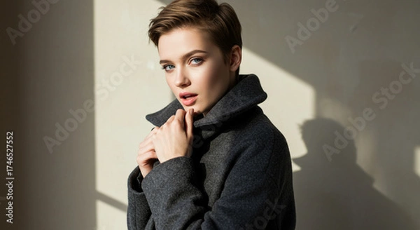 Fototapeta Elegant young woman with striking blue eyes and short hairstyle poses confidently in a stylish charcoal grey coat, bathed in soft natural light creating a chic modern aesthetic.