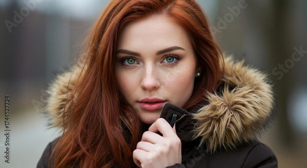 Fototapeta Captivating redhead woman with striking green eyes and freckles, bundled in a warm fur-lined winter coat, looking directly at the camera with an alluring gaze.
