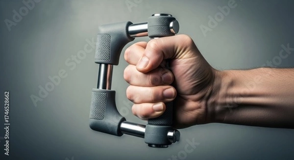 Fototapeta Close-up A strong hand squeezes an adjustable grey and metallic hand exerciser