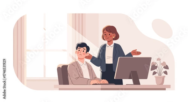Fototapeta Businesswoman guiding male colleague at desk with computer, office teamwork illustration concept