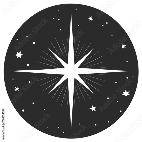 Obraz Bright guiding North Star shining in the dark night sky with celestial bodies vector illustration