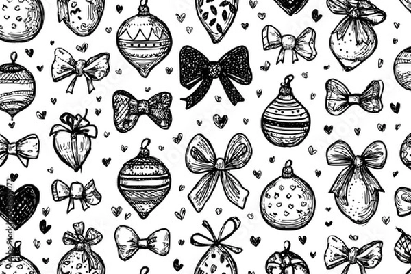 Fototapeta Cute ornaments with bows and ribbons, doodle black and white seamless pattern