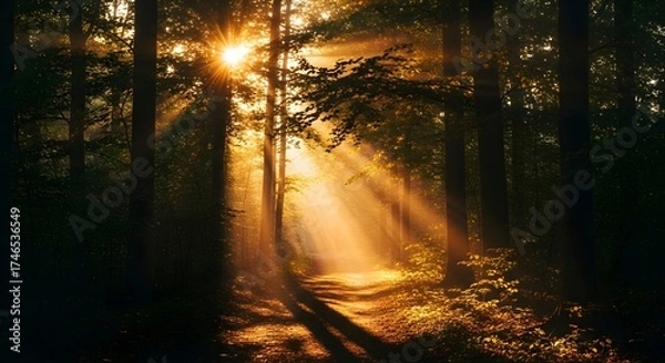 Fototapeta Sunbeams stream through a dense forest, illuminating a path as golden hour light filters through the trees.