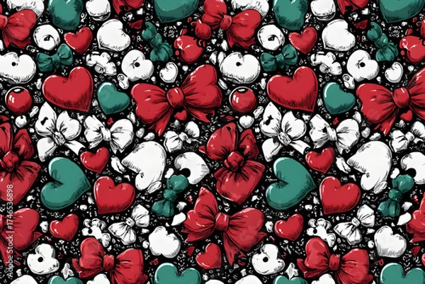 Fototapeta Cute red and green cartoon ornaments with bows and hearts, seamless black and white pattern