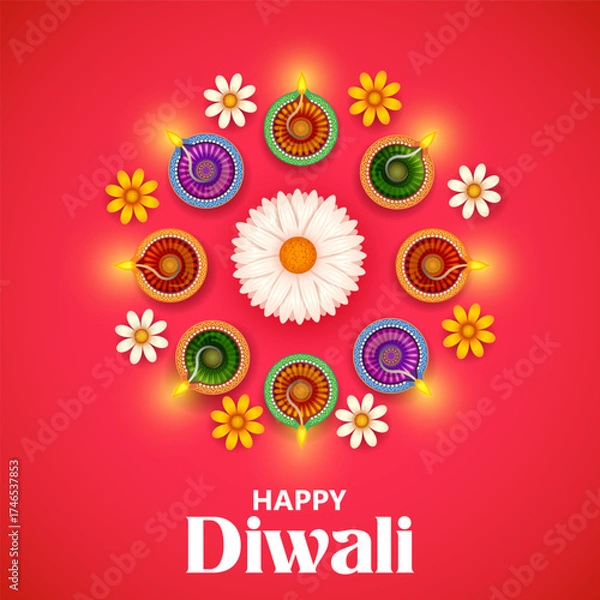 Fototapeta burning diya on Happy Diwali Holiday background for light festival of India