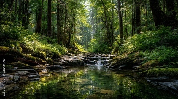 Fototapeta Deep forest stream cascade flows over mossy stones amid towering ancient trees and vibrant ferns
