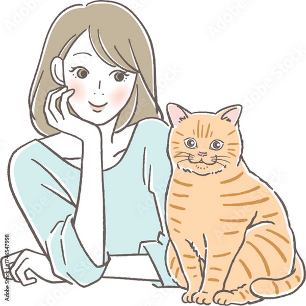 Fototapeta 微笑む女性と猫