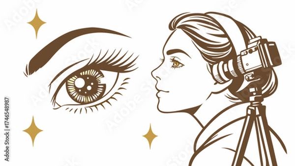 Fototapeta Stylized illustration of a woman with a camera on a tripod and a large eye perfect for beauty vlogging and filmmaking projects.