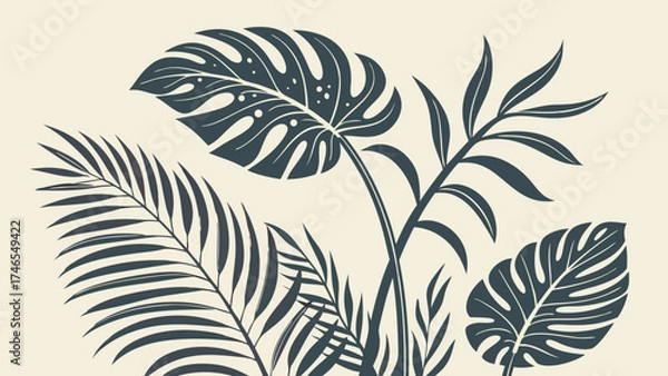 Fototapeta Tropical Leaf Illustration Botanical Print Palm and Monstera Design Dark Teal on Beige Background Summer Floral Artwork Elegant Plant Silhouette Minimalist Nature Decor Vector Illustration.