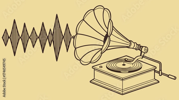 Fototapeta Vintage Gramophone with Sound Waves Illustration Retro Music Player Design Antique Phonograph Nostalgia Graphic Vector Art.