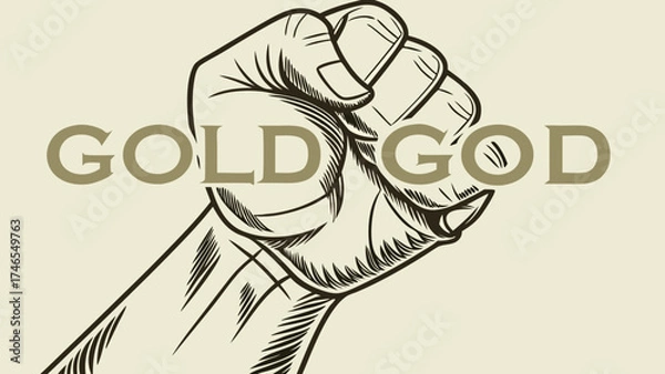 Fototapeta Vintage illustration of a clenched fist with text overlay.