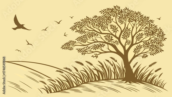 Fototapeta Vintage illustration of a tree birds and grass in a field.