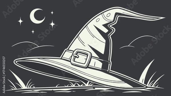 Fototapeta Witchs hat Halloween night sky crescent moon stars grass vector illustration mystical magical fantasy spooky dark gothic vintage graphic design element costume holiday celebratio.