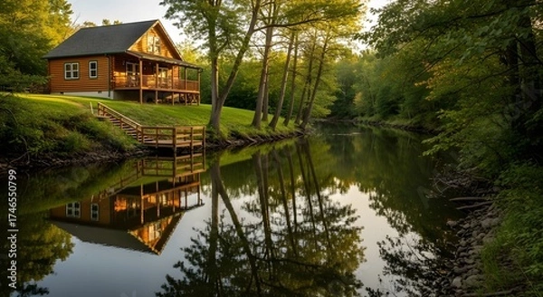 Fototapeta Scenic log cabin nestled by a tranquil river reflects in the calm water, creating a serene and peaceful landscape ideal for relaxation and outdoor getaways on a sunny day.