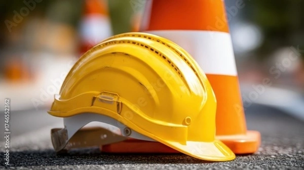 Obraz A yellow construction safety helmet rests on an asphalt surface beside two orange traffic cones with white stripes,