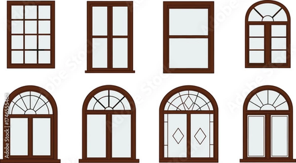 Obraz Classic arched and rectangular wooden window vector set, traditional architecture frames, vintage pane design elements, home construction decoration, house facade illustration, realistic window shapes