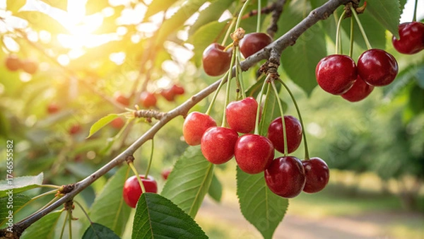 Fototapeta Cherry on tree in garden, Cherry hanging on tree in natural warm sunlight view