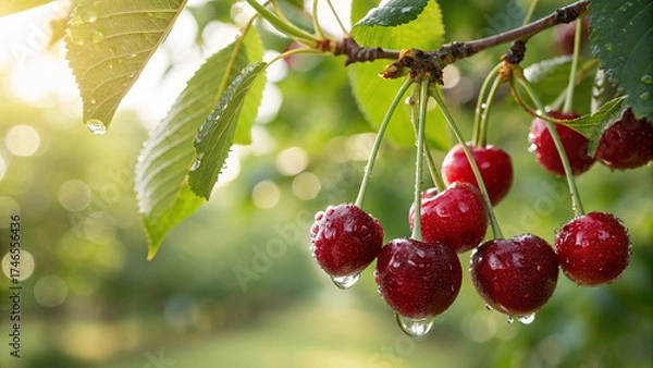 Fototapeta Cherries tree with water drop in garden, Cherry tree in natural warm sunlight background