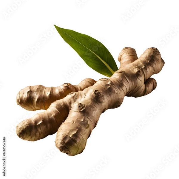 Fototapeta Fresh Ginger Root with a Green Leaf on a transparent background PNG  