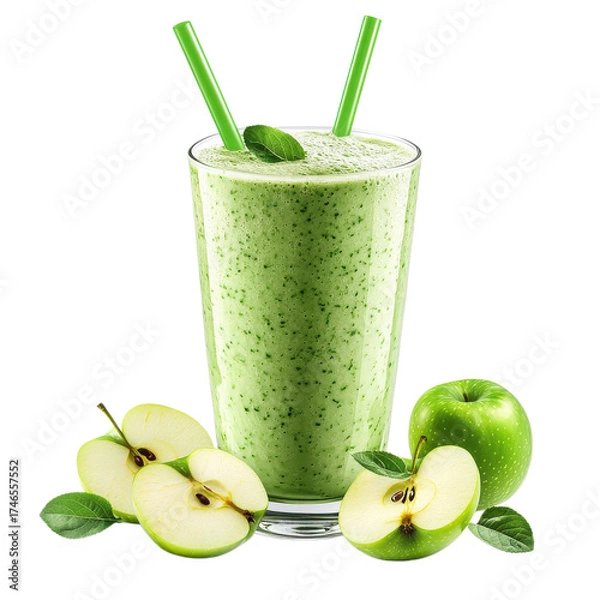 Obraz Green apple smoothie cup on transparent background