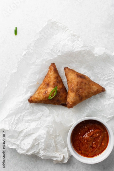 Fototapeta Overhead view of samosa on parchment paper, top view of beef samosa on a white background
