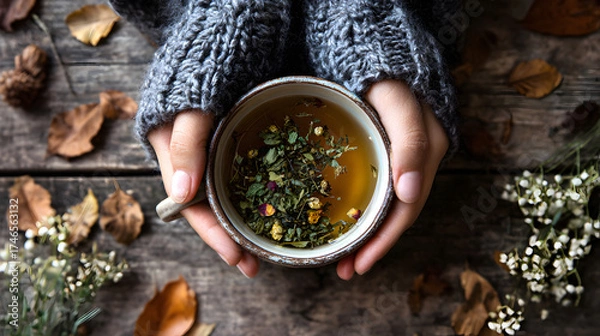 Fototapeta Hands Holding Cup Of Herbal Tea On Autumn Days The Cozy Scene Of Drinking Wellness Tea During Peaceful Moment With Fall Leaves Around Provides A Warm Beverage Concept