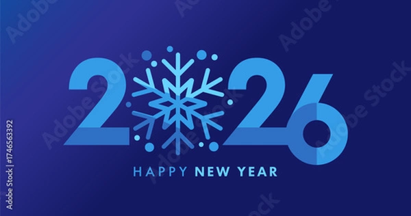 Fototapeta Happy New Year 2026, snowflake and typography numbers. Holiday art design for 2026 New Year party poster or greeting card with creative faceted snowflake. Vector illustration