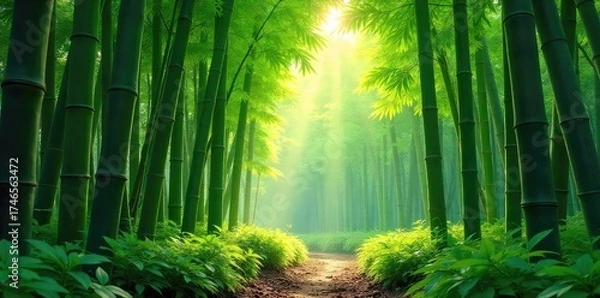 Fototapeta Vibrant green bamboo stalks in a lush forest, sunlight filtering through the leaves creating dappled shadows on the ground Perfect for nature, ecology, and Asian-themed projects , zen, peace