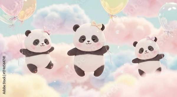 Fototapeta Three Adorable Fluffy Baby Pandas with Pastel Bows Floating Amongst Dreamy Cotton Candy Clouds and Delicate Balloons in a Whimsical Sky Background