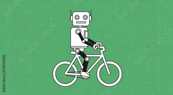 Fototapeta Retro Style White Robot Riding a Bicycle with Simple Clean Lines on a Textured Green Background Digital Art Illustration Optimized for Web Design and