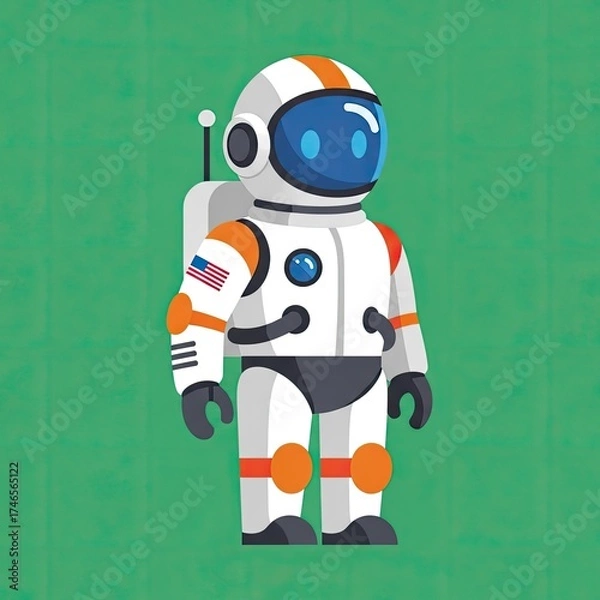 Fototapeta Pixelated illustration of a friendly astronaut character in a white and orange spacesuit standing confidently against a textured green background