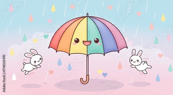 Obraz Kawaii Rainbow Umbrella with Cute Smiling Face and Playful Bunnies Hopping Under Pastel Raindrops and Hearts on a Cloudy Sky Background, Adorable