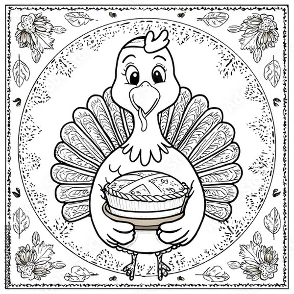 Fototapeta Cute turkey holding a pie, Thanksgiving theme coloring page