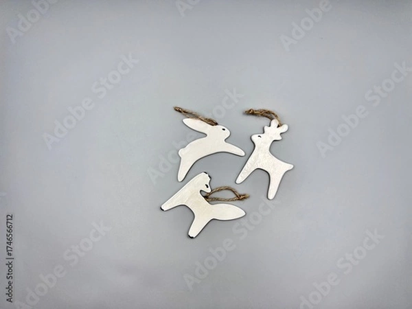 Obraz Christmas decorations ceramic animals deer hare fox in Scandinavian minimalist style top view on light background