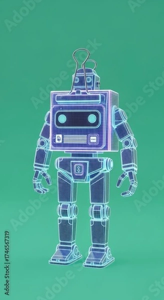 Fototapeta Futuristic Holographic Robot with Glowing Blue Circuitry Standing Against a Solid Teal Green Background Displaying a Retro-Style Digital Face with an