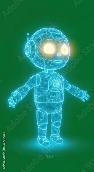 Fototapeta Futuristic Digital Hologram of a Cute Baby Robot Character Standing with Glowing Yellow Eyes and a Neon Blue Wireframe Body Against a Vibrant Green