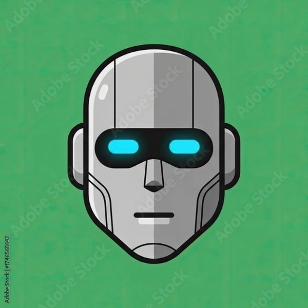 Fototapeta Close-up frontal view of a stylized metallic robot head featuring glowing cyan optical sensors and a neutral expression set against a textured green
