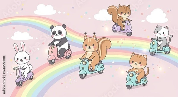 Fototapeta Charming pixel art scene featuring adorable cartoon animals like a panda bear a white rabbit two squirrels a gray cat and a ginger cat riding