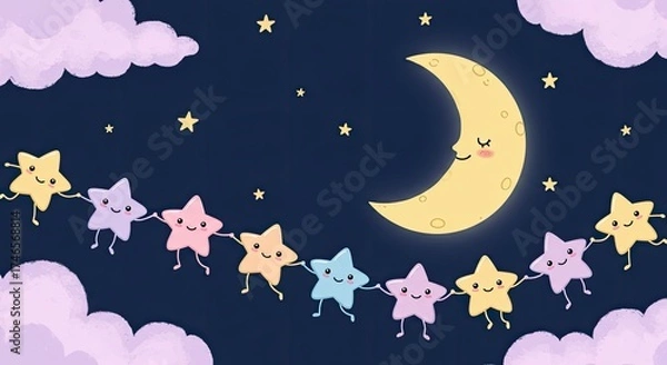 Fototapeta Charming Pixel Art Night Scene Featuring a Crescent Moon Smiling Kindly Upon a Garland of Adorable Holding Hands Stars in Pastel Hues with Fluffy