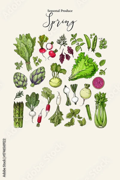 Fototapeta Vector poster with colorful hand drawn illustrations of seasonal spring produce: artichoke, onion, lettuce, green asparagus, radish, swiss chard, avocado, cucumber, basil, sorrel, rhubarb	