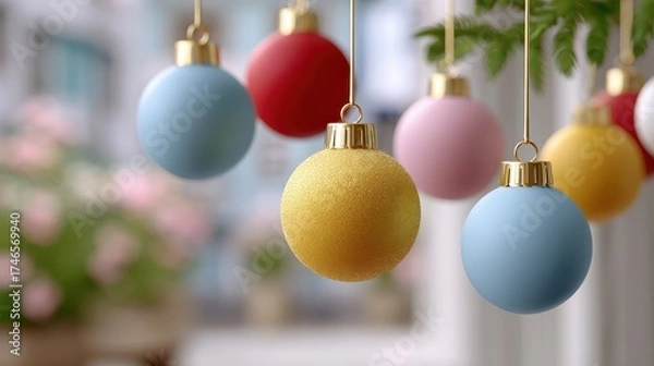 Obraz Colorful Christmas ornaments hang delicately with a soft focus background
