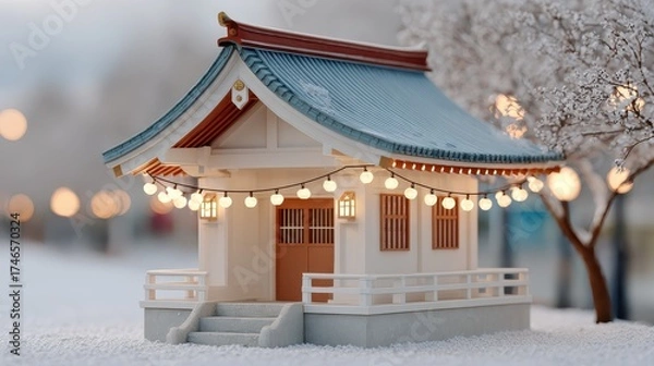 Obraz Miniature Japanese shrine decorated with festive lights in a snowy winter scene
