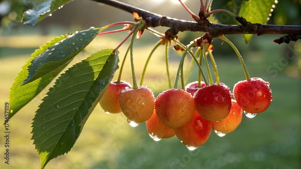 Fototapeta Cherry hanging tree with water drop in garden, Cherry on tree in natural warm sunlight background