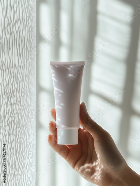 Fototapeta Realistic hand holding a sleek white and lavender skincare tube with minimalist design, soft purple accents. Bright background with soft white and lavender gradient.