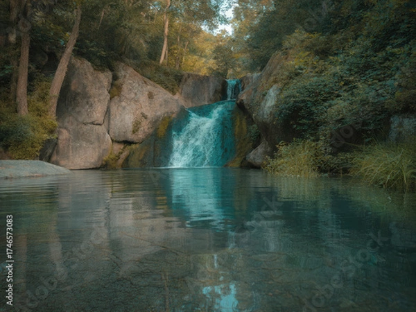 Obraz Beautiful tropical waterfall flowing into turquoise lagoon surrounded by lush green forest, peaceful nature landscape with crystal clear water, rocks and sunlight reflections in jungle