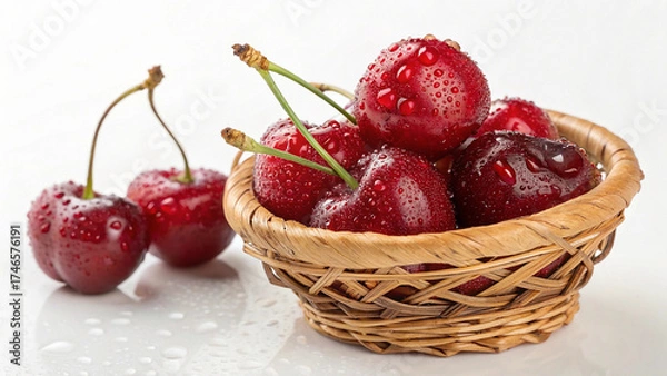 Fototapeta Cherries in basket with water drop on white background